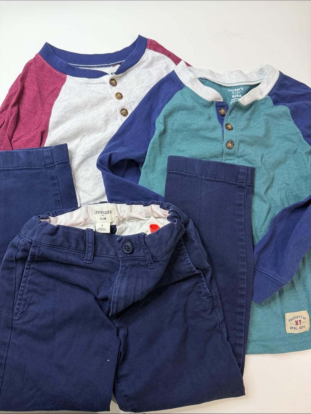 Crewcuts pants and 2 Carter's Long Sleeve Henley Top - Teal & Navy size 6